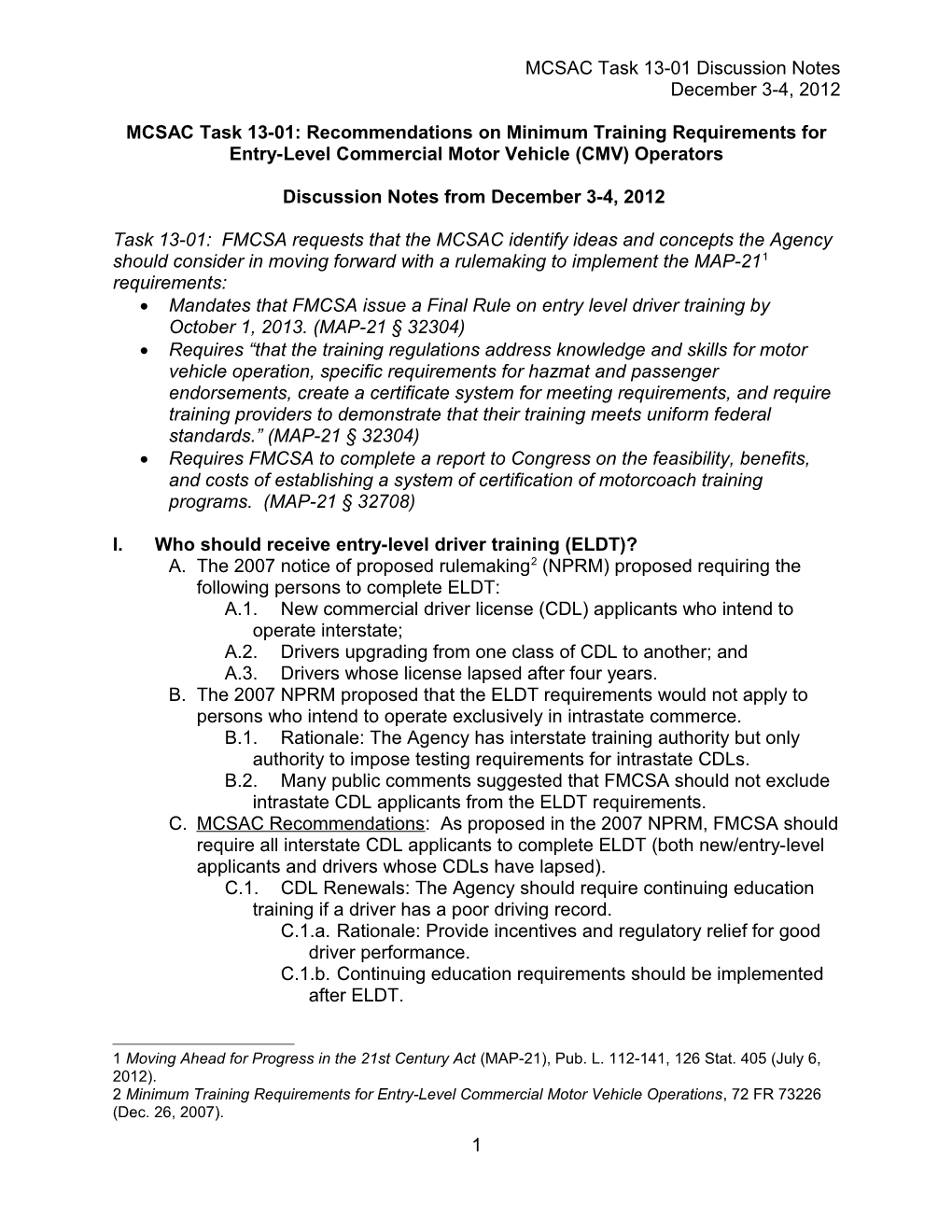 MCSAC Task 13-01: Recommendations on Minimum Training Requirements For