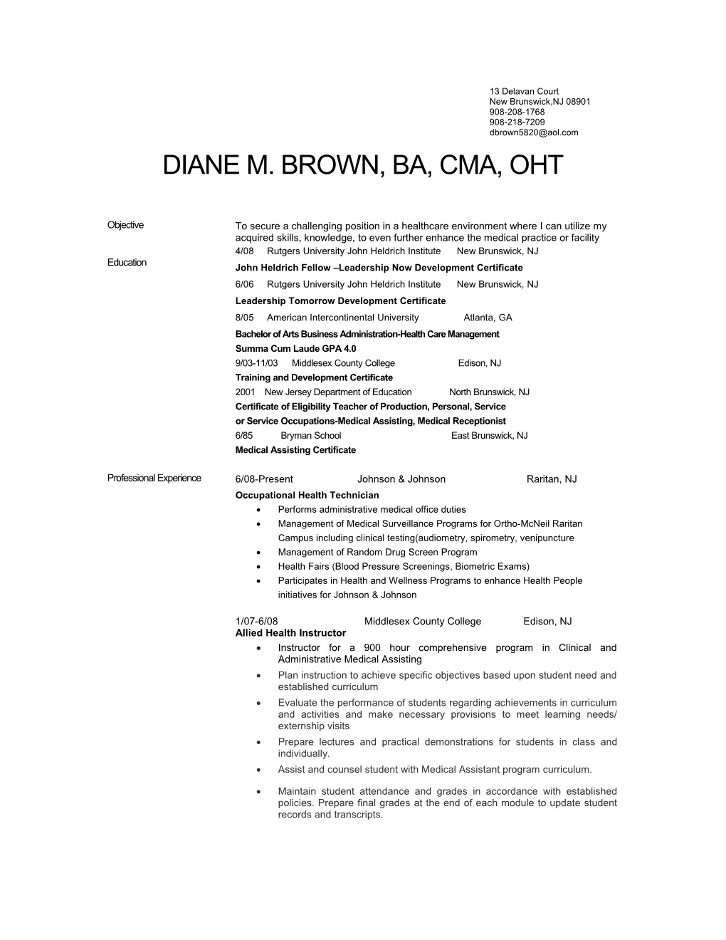 Diane M. Brown, Ba, Cma, Oht