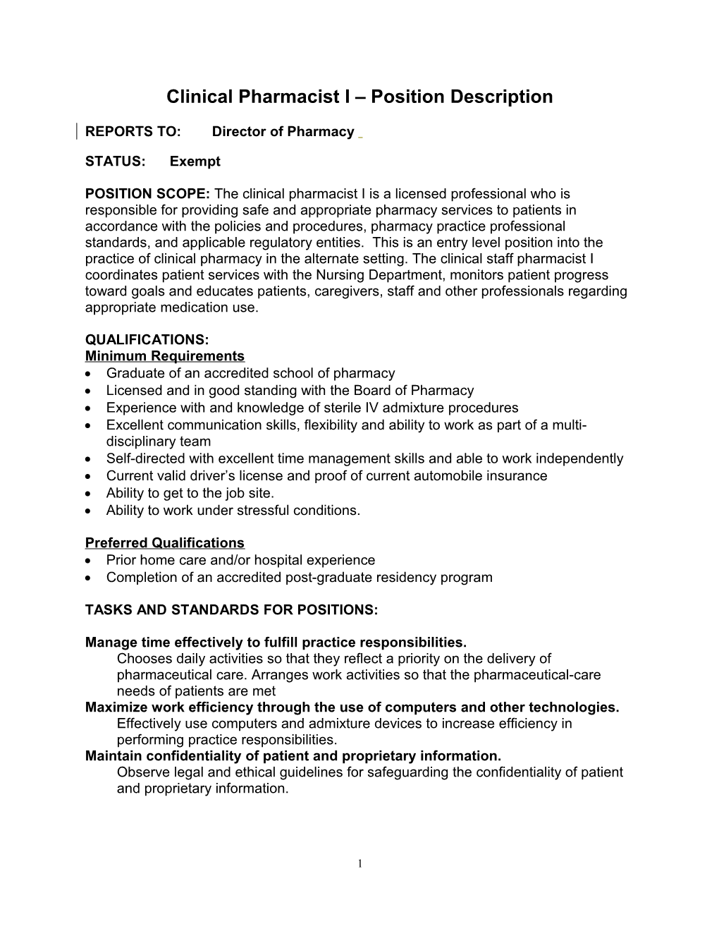 Clinical Pharmacist I Position Description