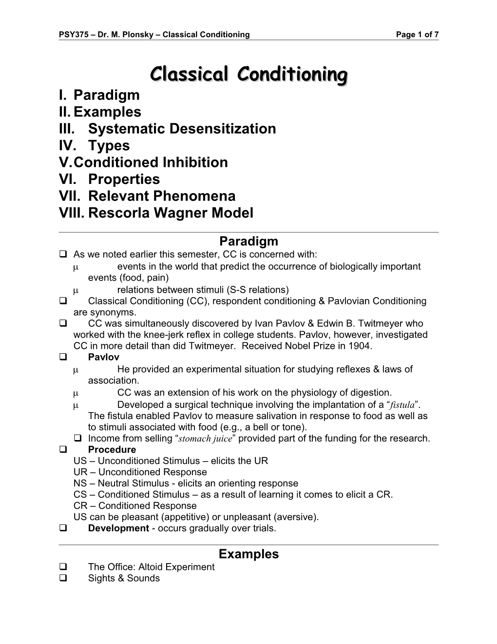 PSY375 Dr.M.Plonsky Classical Conditioningpage 1 of 7