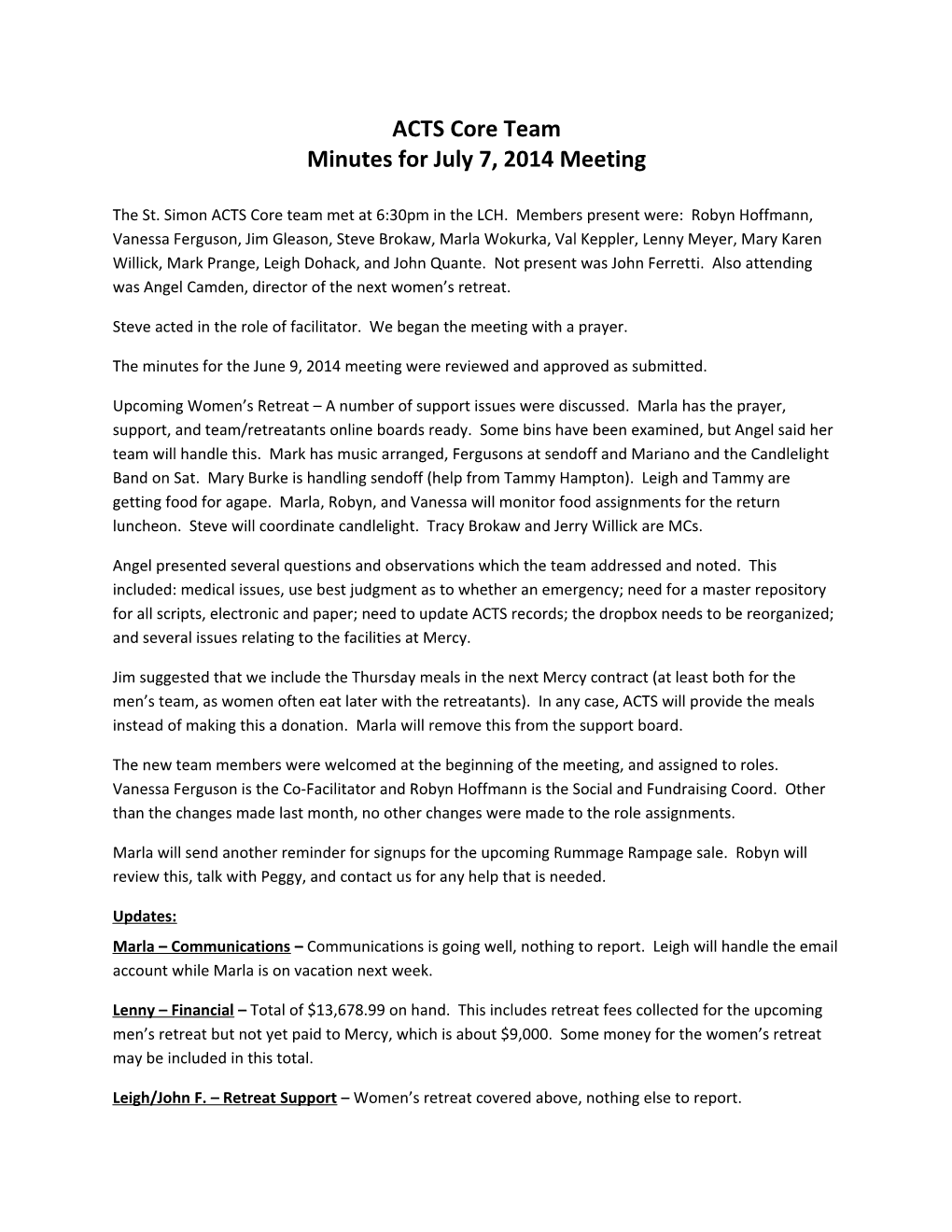 Minutes for July 7, 2014 Meeting