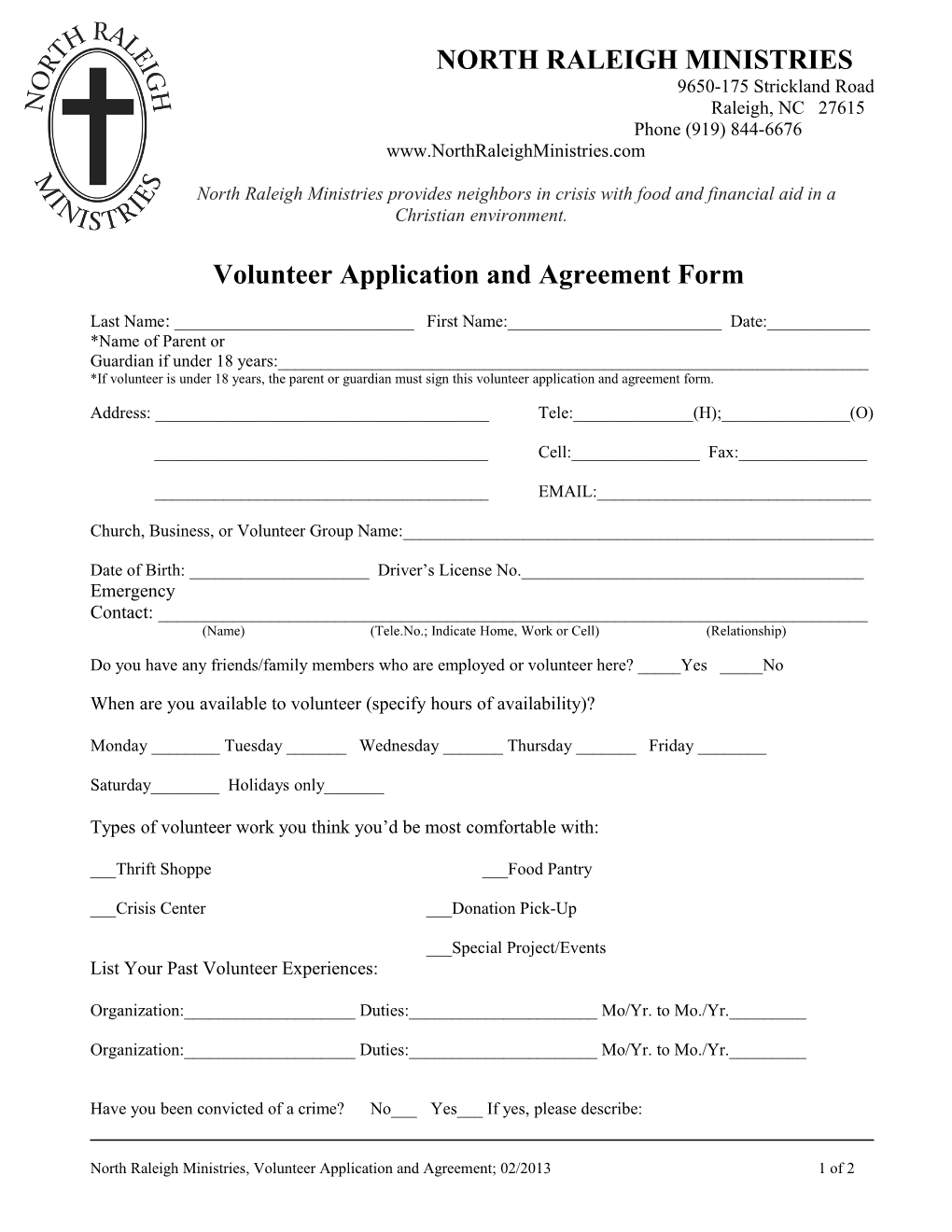 Volunteer Application and Agreement Form (Draft)