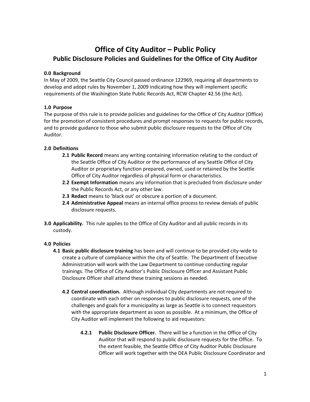 Public Disclosure Policies and Guidelines for the Office of City Auditor