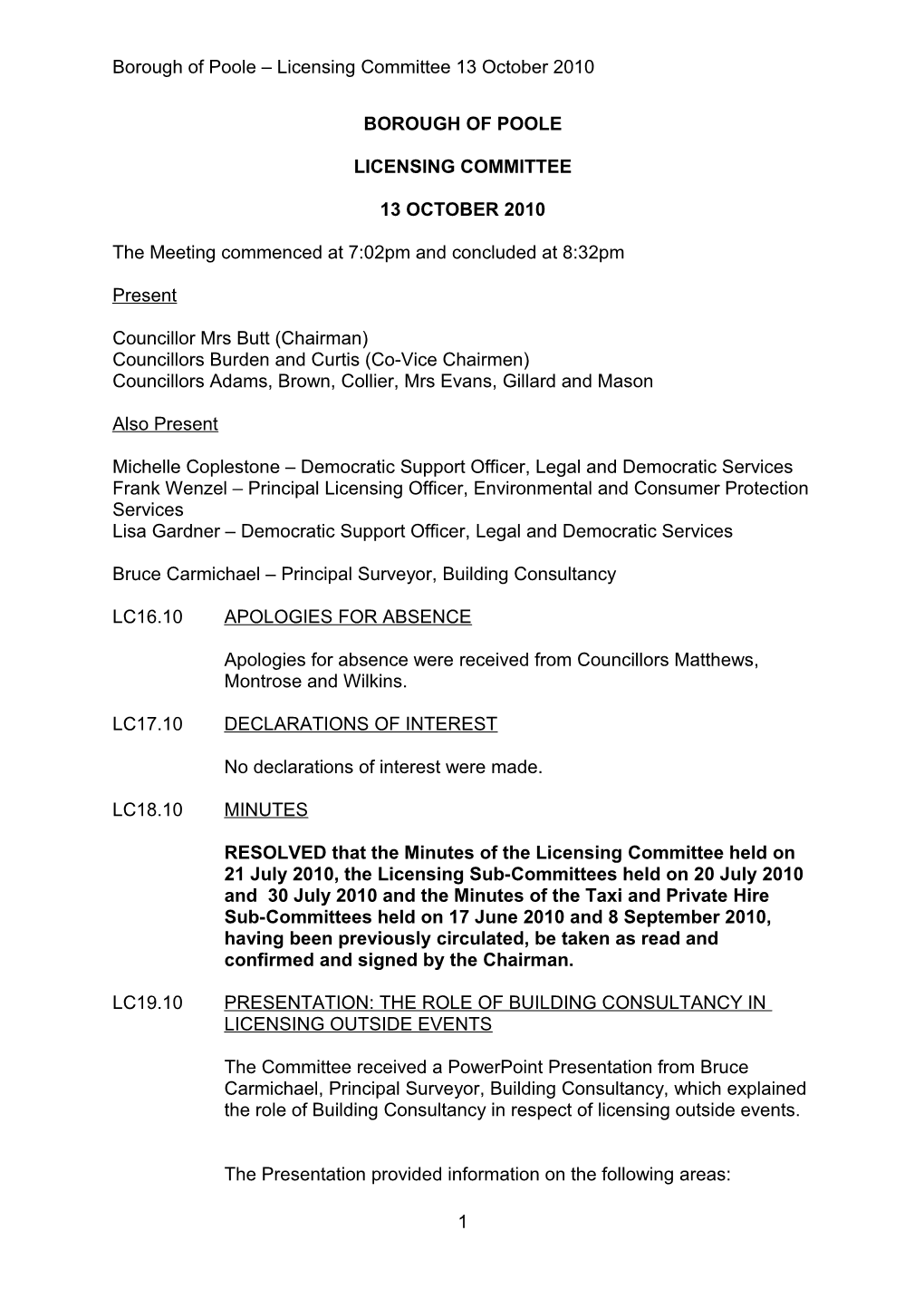 Minutes - Licensing Committee - 13 October 2010