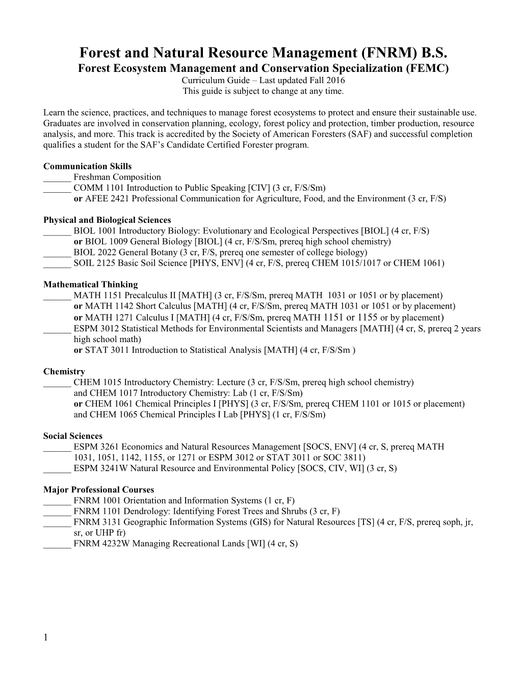 Forest and Natural Resource Management (FNRM) B.S