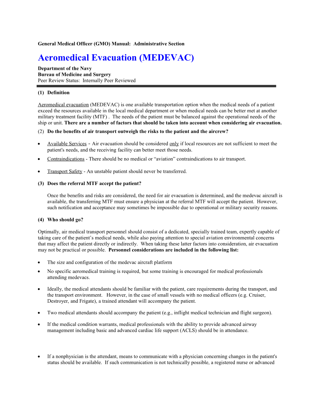 General Medical Officer (GMO) Manual: Aeromedical Evacuation (MEDEVAC)