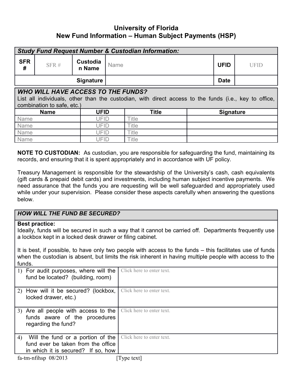 New Fund Information Human Subject Payments (HSP)