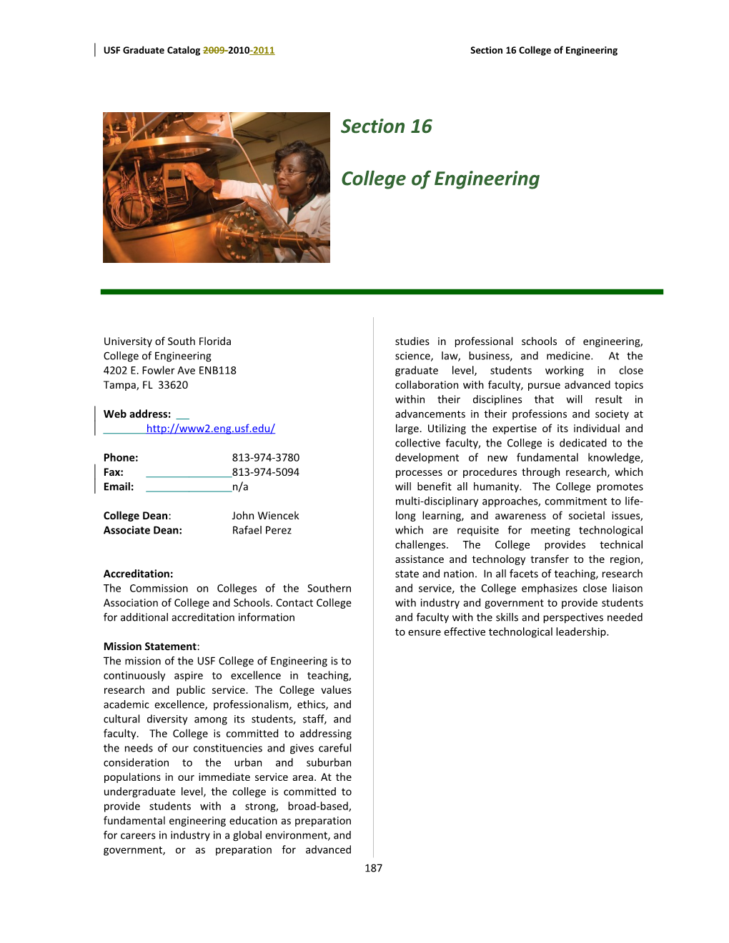 USF Graduate Catalog 2009-2010-2011 Section 16 College of Engineering