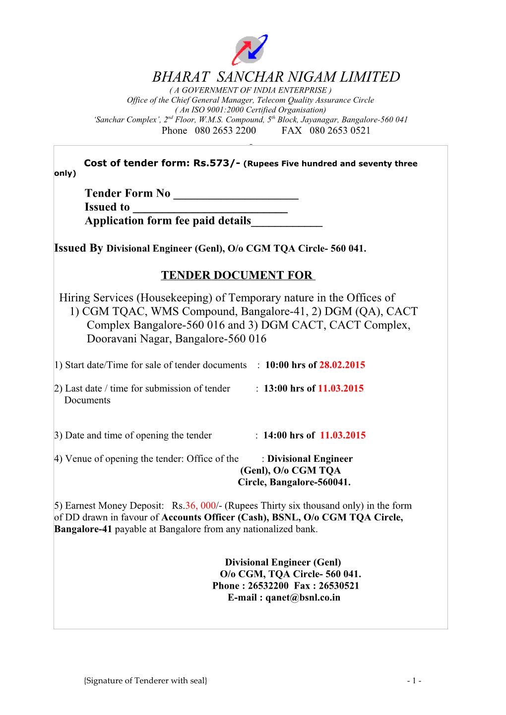 Section - I : Notice Inviting Tender