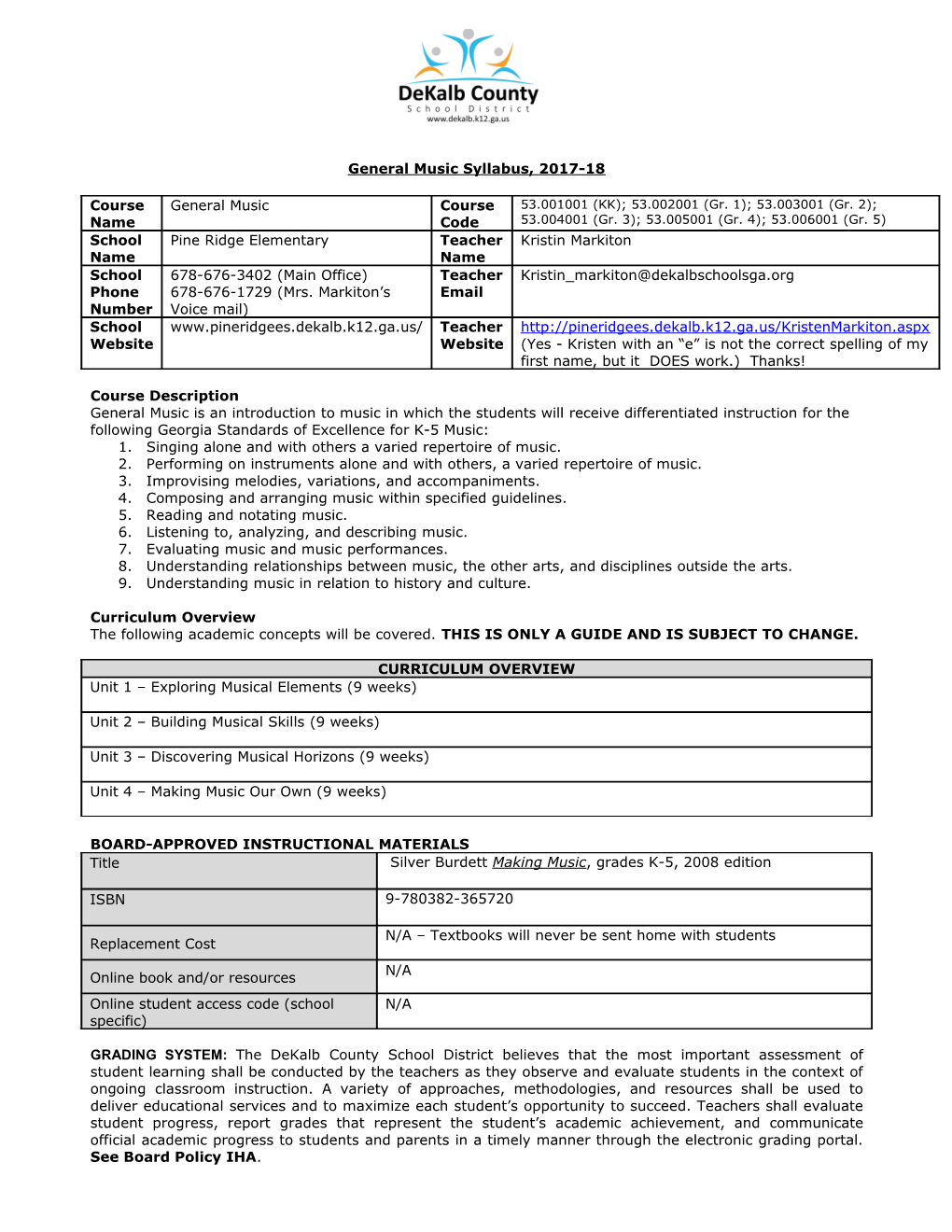 General Music Syllabus, 2017-18