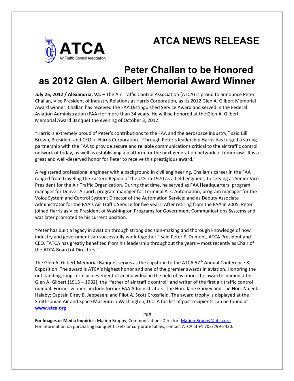 Peter Challan to Be Honored As 2012 Glen A. Gilbert Memorial Award Winner