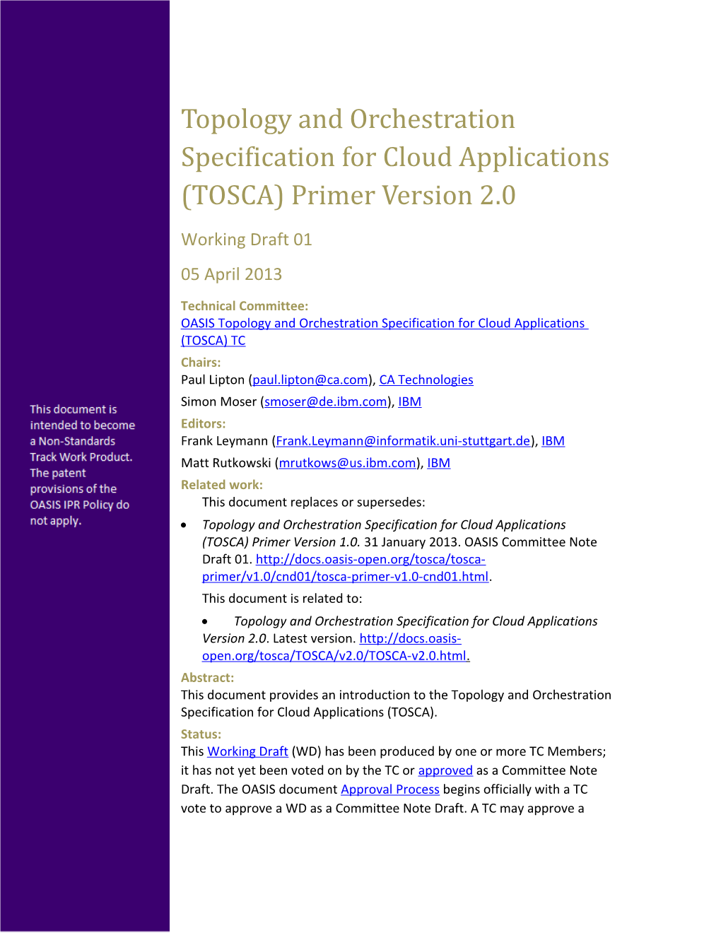 Topology and Orchestration Specification for Cloud Applications (TOSCA) Primer Version 2.0