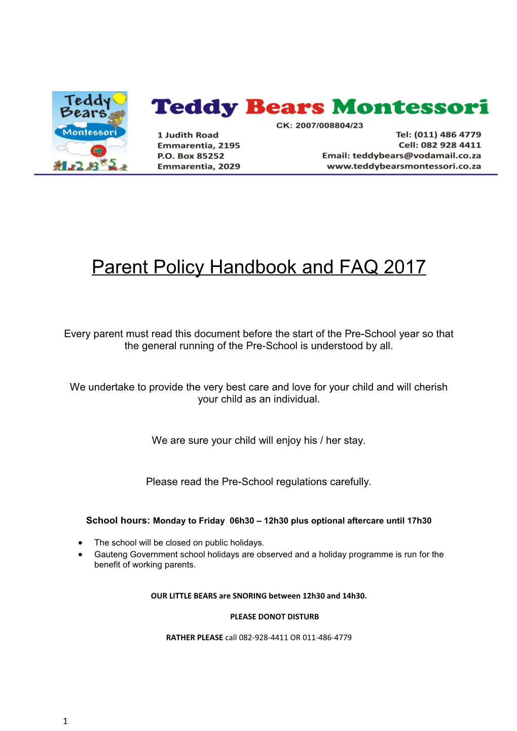 Parent Policy Handbook and FAQ 2017