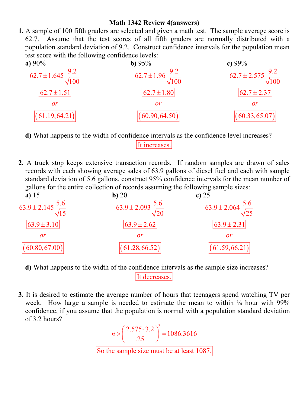 Math 1342 Review 4(Answers)