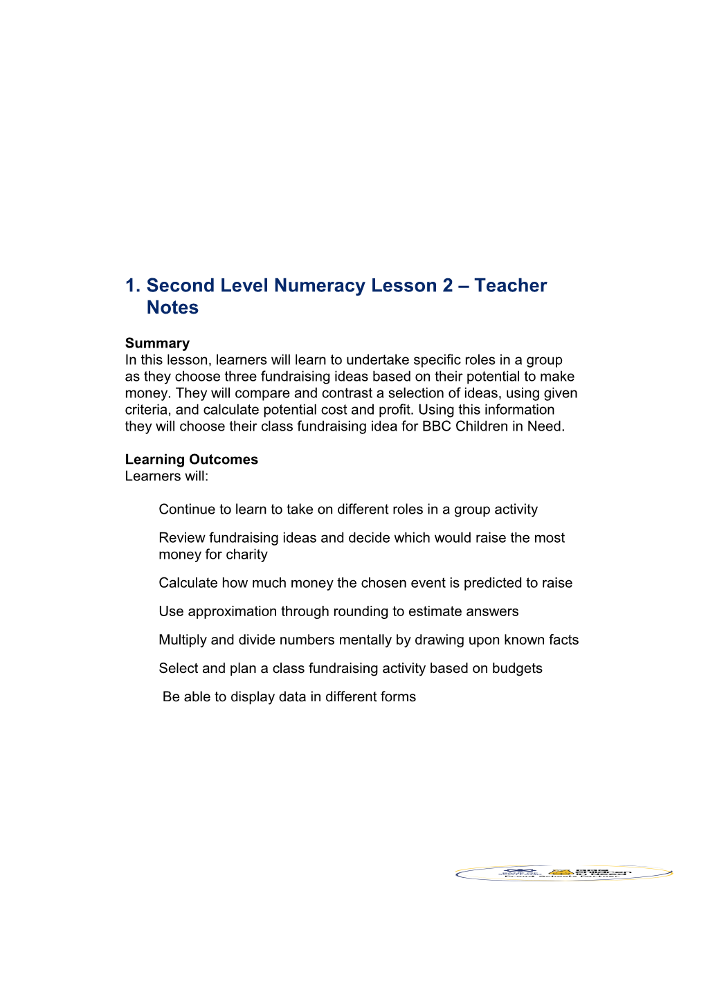 Second Level Numeracy Lesson 2 Teacher Notes
