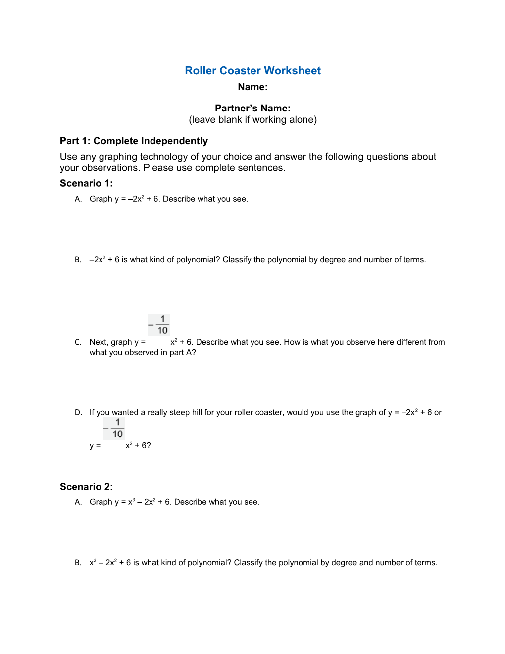 Roller Coaster Worksheet