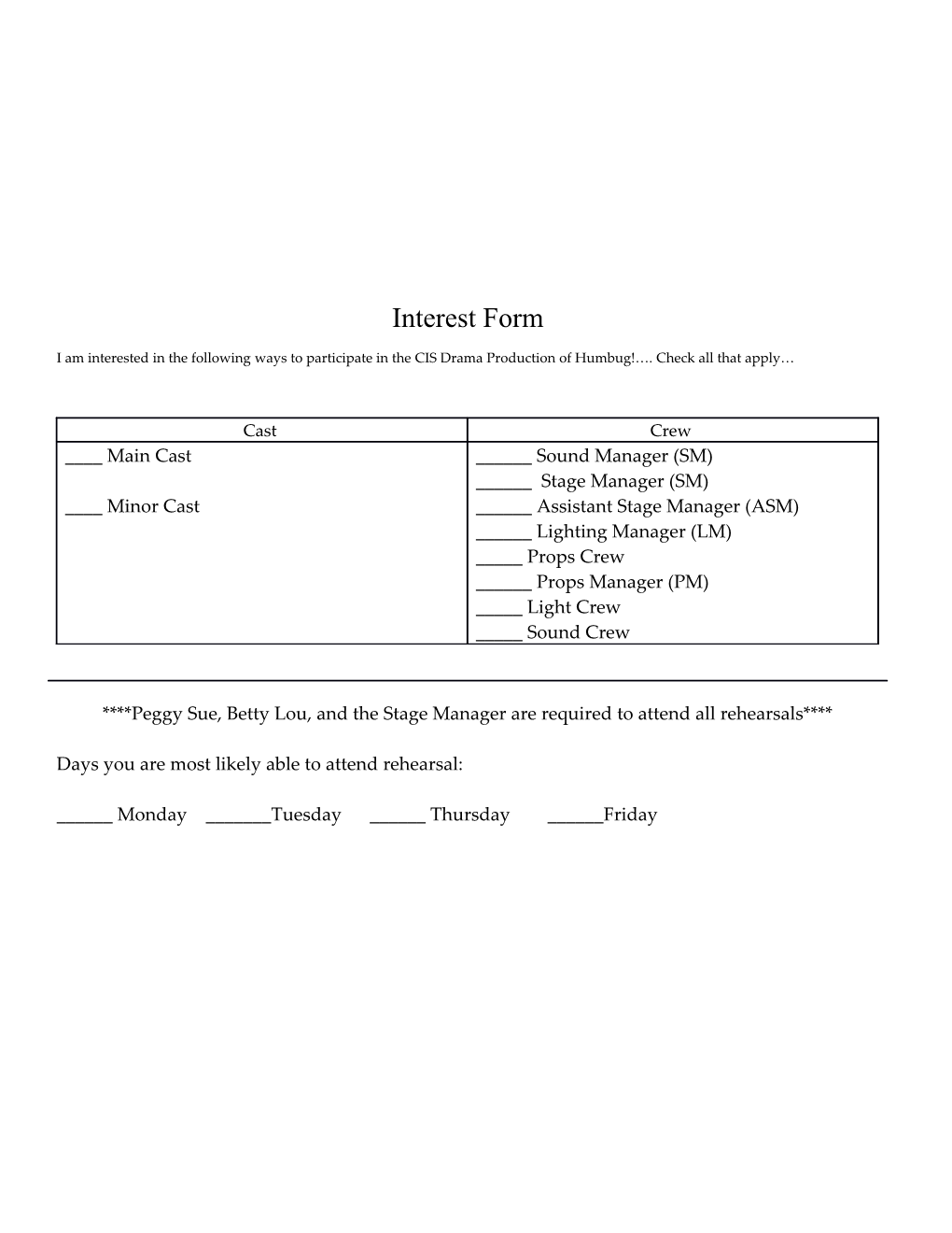 Hot Rod Rehearsal Schedule and Interest Form