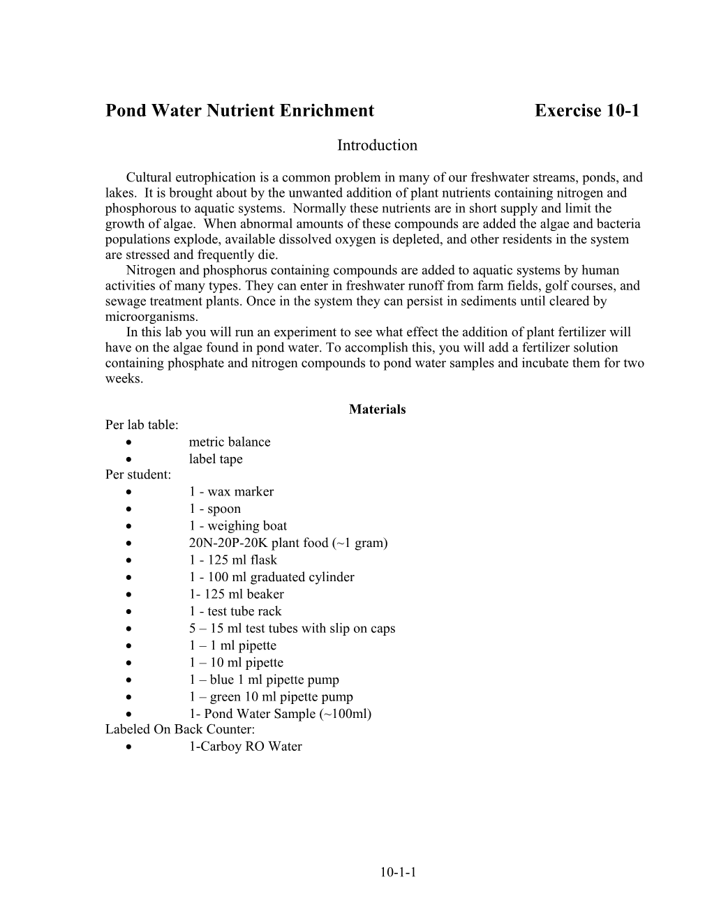 Pond Water Nutrient Enrichmentexercise 10-1