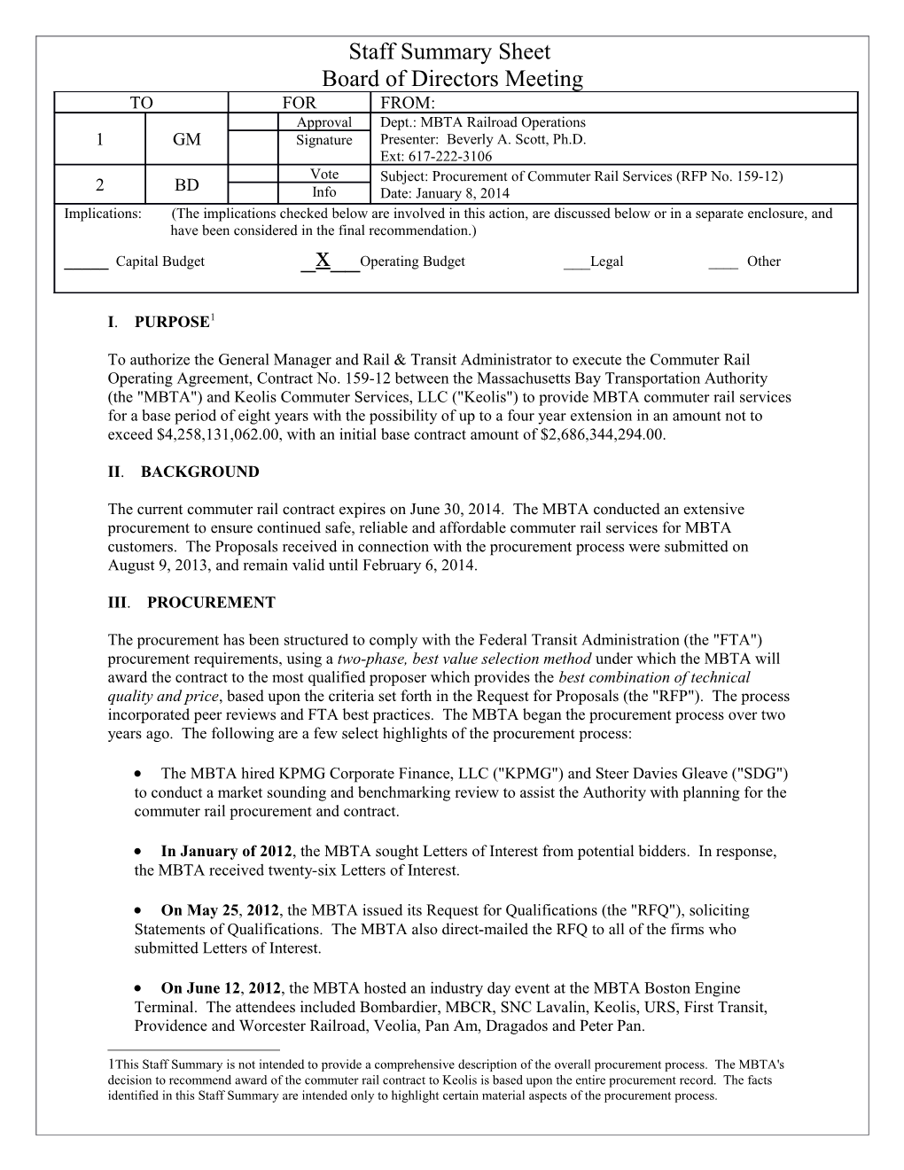 Staff Summary Subject: Procurement of Commuter Rail Services