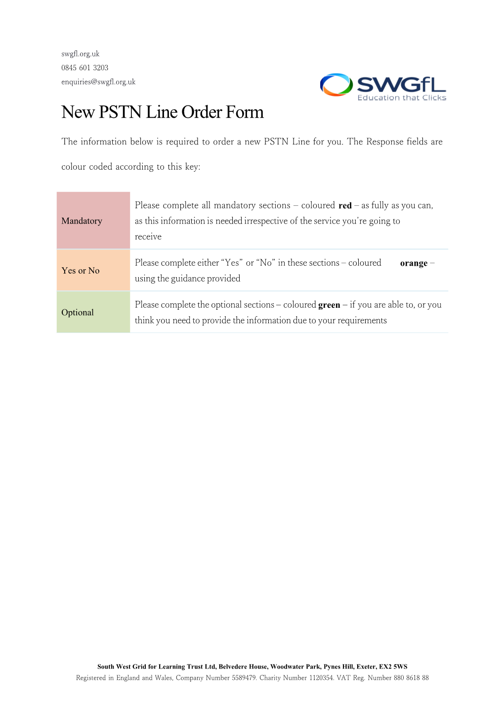 New PSTN Line Order Form
