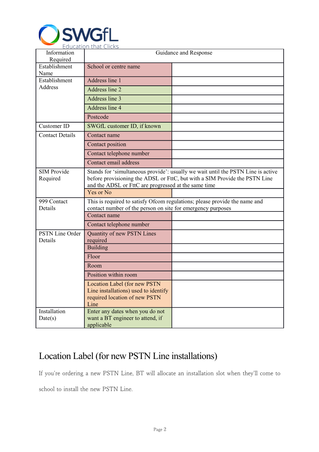 New PSTN Line Order Form