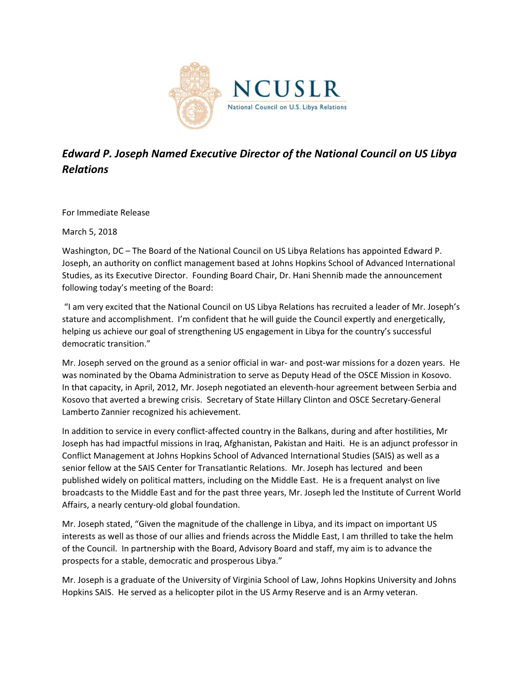 Edward P. Joseph Named Executive Director of the National Council on US Libya Relations