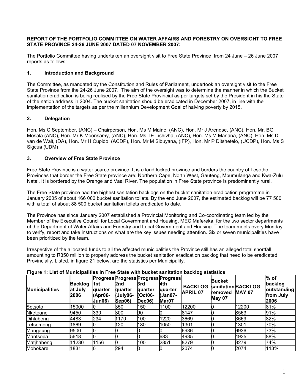 Report of the Portfolio Committee on Water Affairs and Forestry on Oversight to Free State