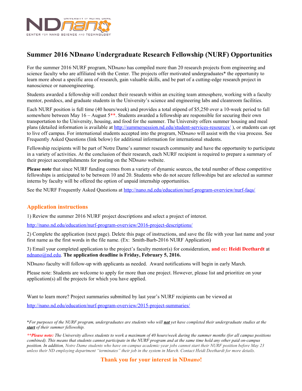 Summer 2016 Ndnano Undergraduate Research Fellowship (NURF) Opportunities