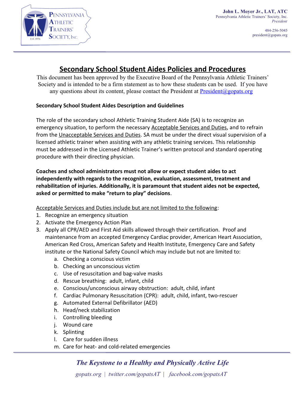 Secondary School Student Aides Policies and Procedures