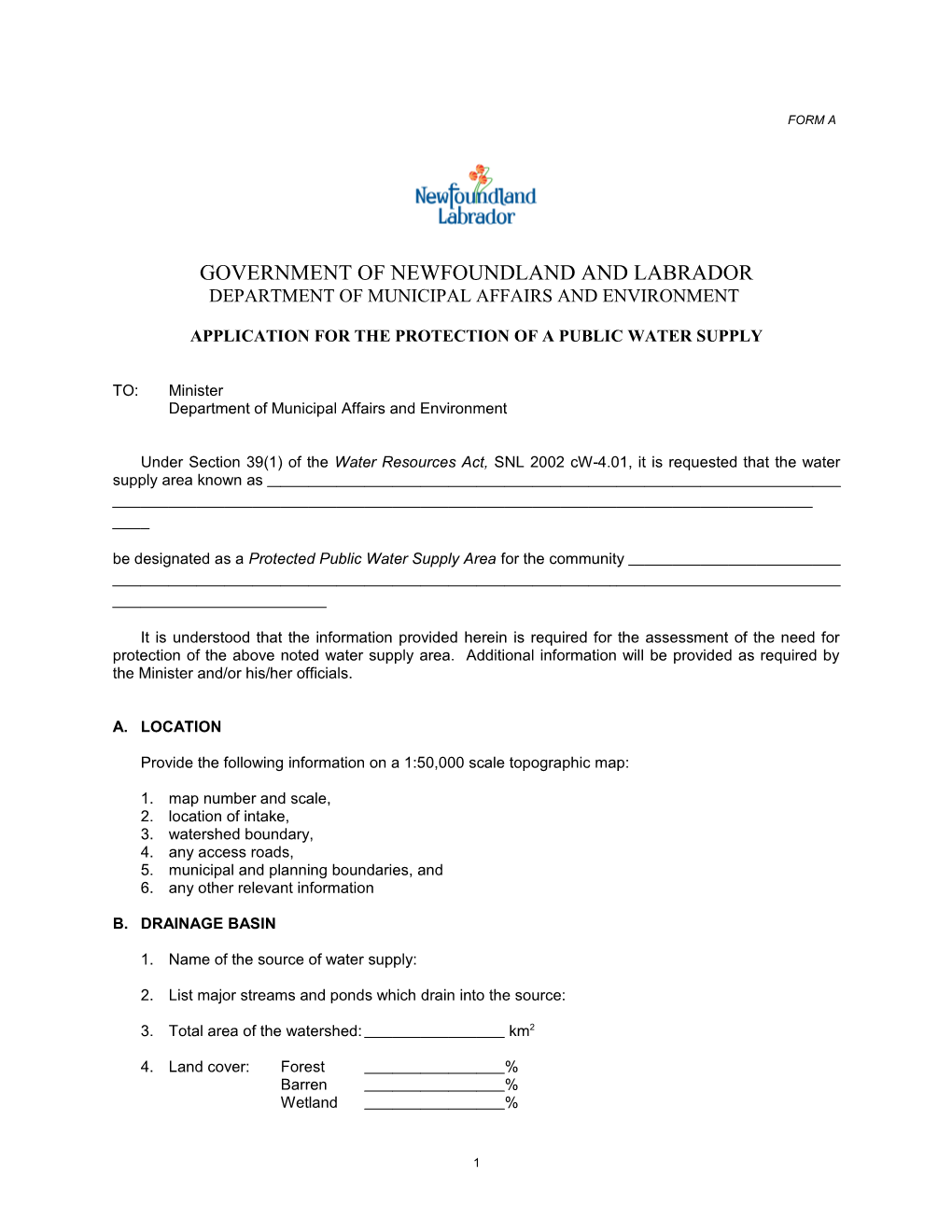 Application for the Protection of a Public Water Supply