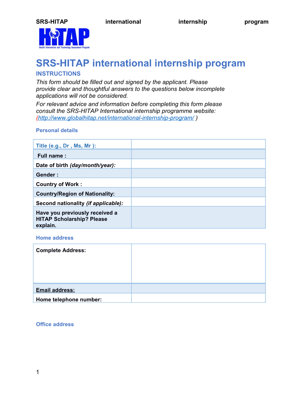 SRS-HITAP International Internship Program