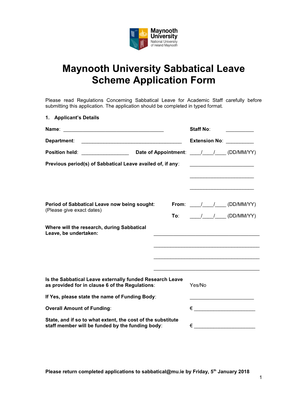 Maynooth University Sabbatical Leave Scheme Application Form