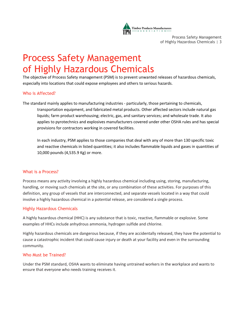 Process Safety Management of Highly Hazardous Chemicals