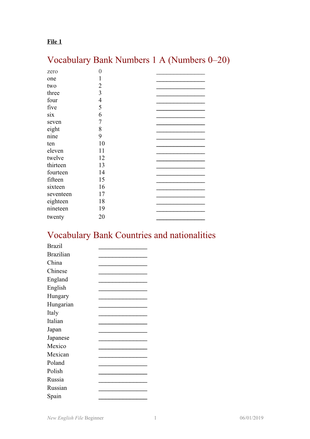 Vocabulary Bank Numbers 1 a (Numbers 0 20)