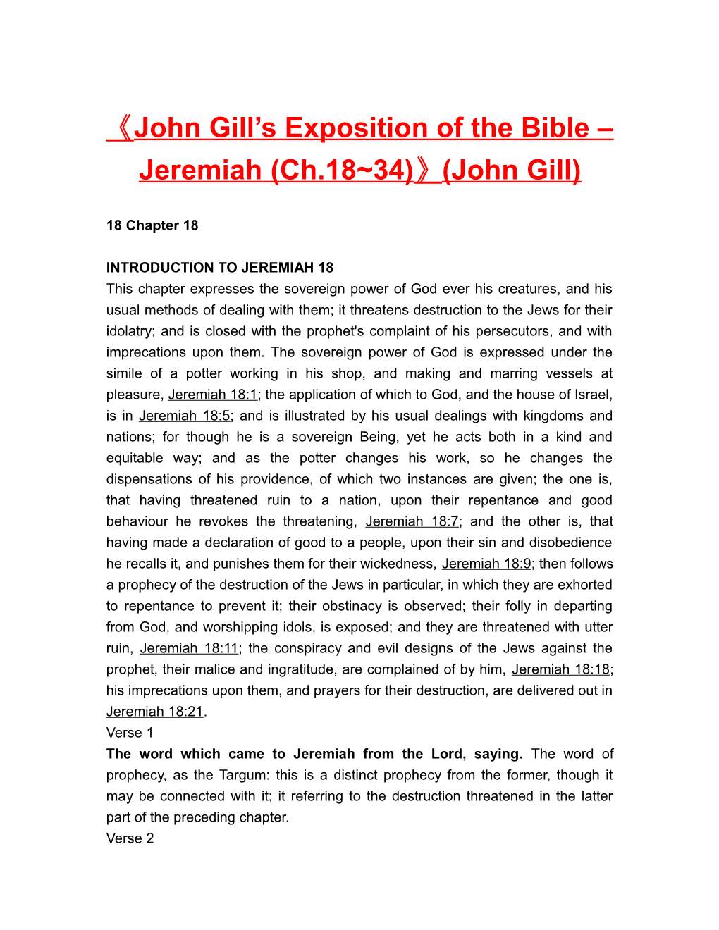 John Gill S Exposition of the Bible Jeremiah (Ch.18 34) (John Gill)
