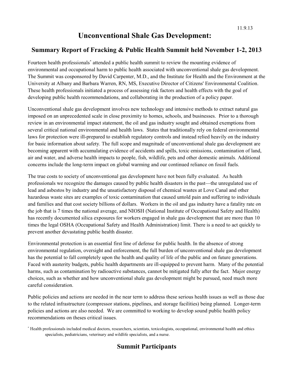 Fracking & Public Health Summit November 1-2, 2013