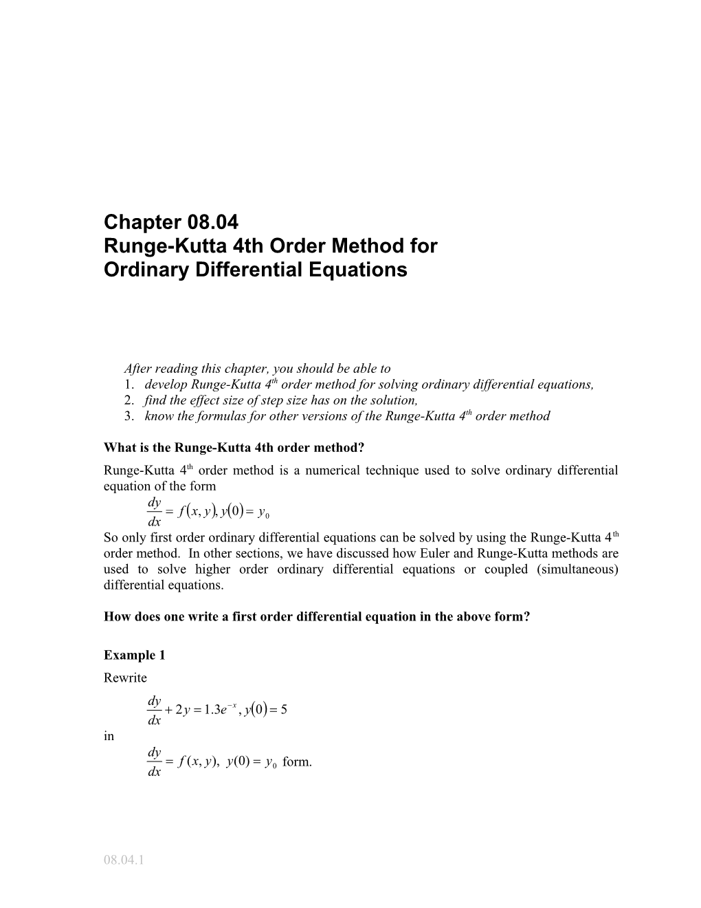 Runge-Kutta 4Th Order Method for Ordinary Differential Equations