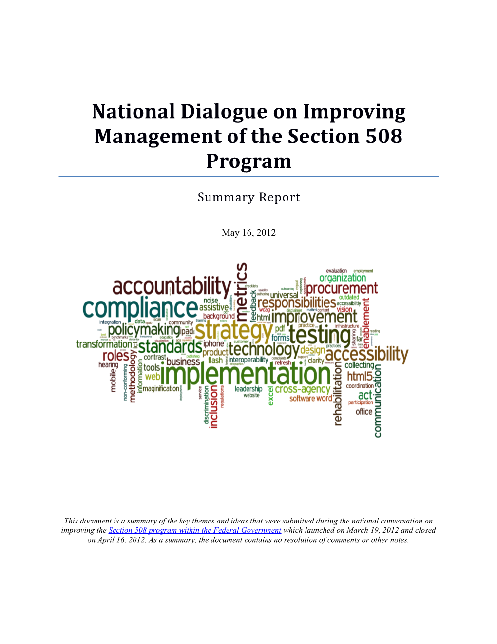 National Dialogue on Improving Management of the Section 508 Program