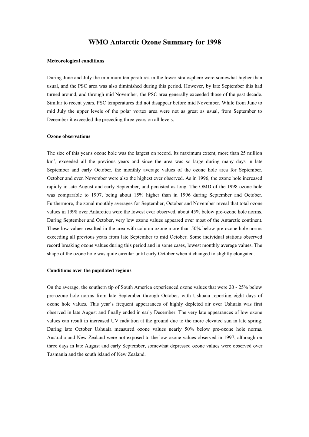 WMO Antarctic Ozone Summary for 1998