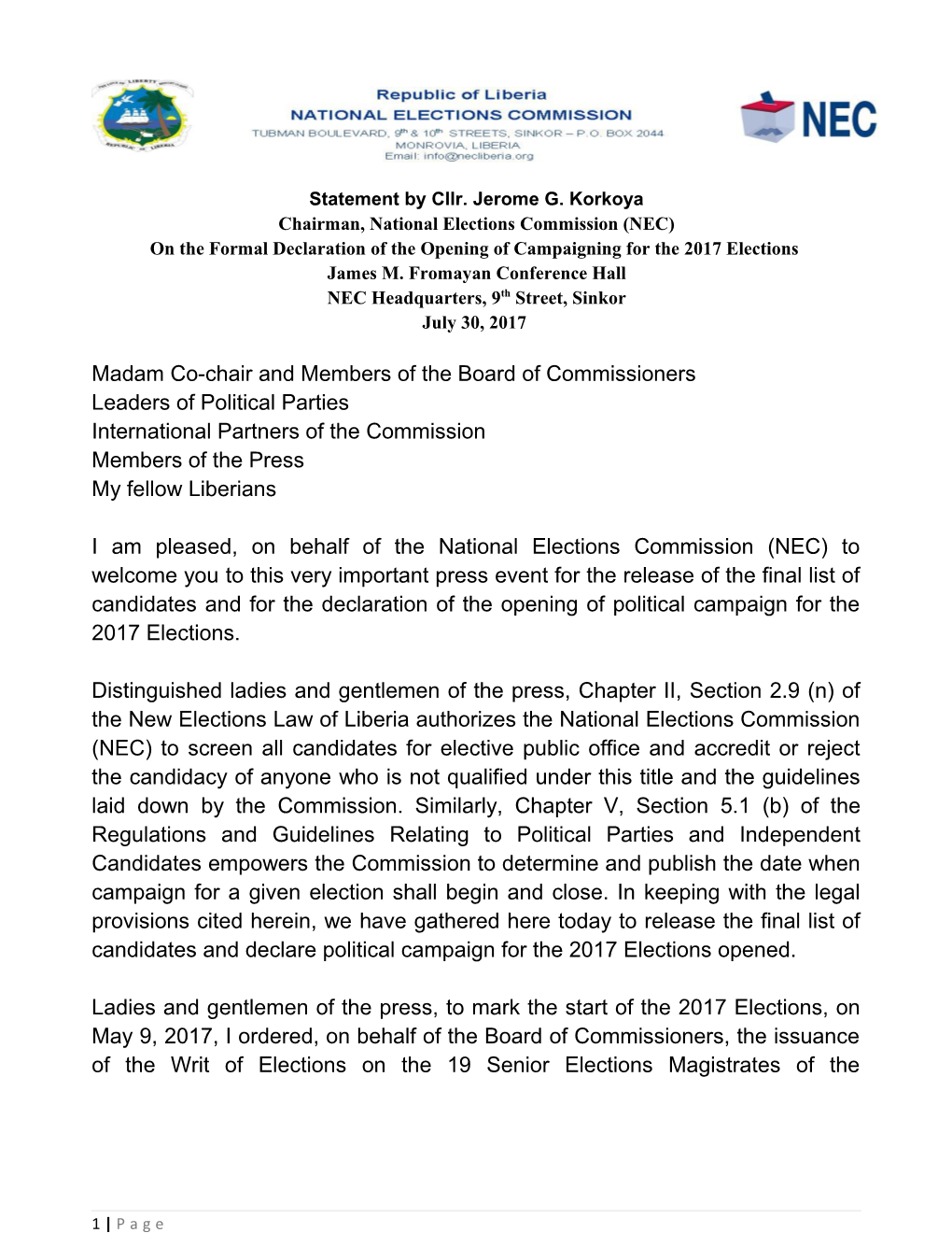 Statement by Cllr. Jerome G. Korkoya