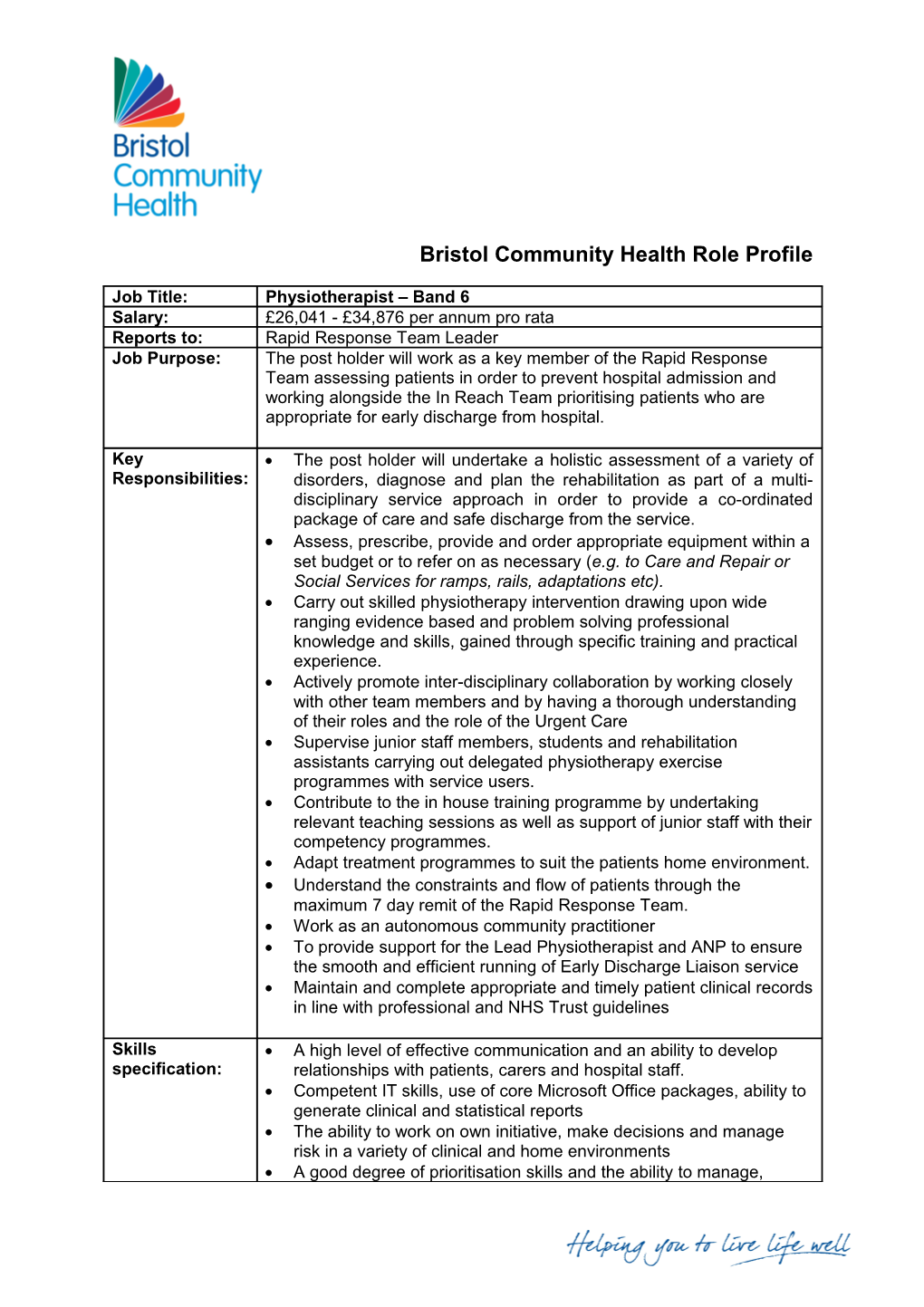 Bristol Community Health Role Profile