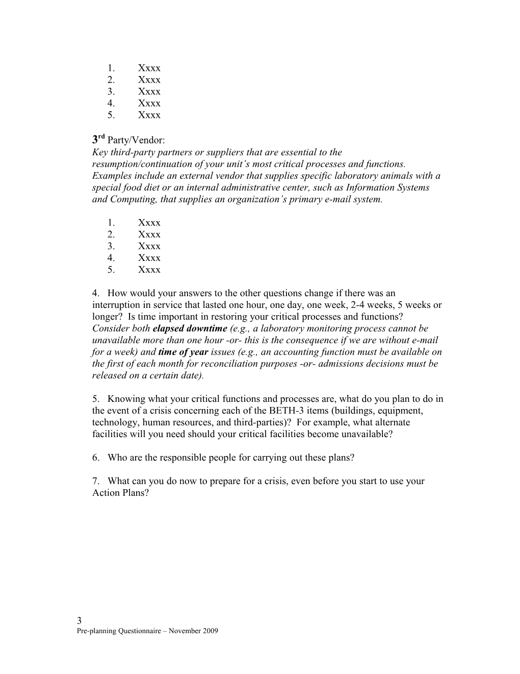 Mission Continuity Pre-Planning Questionnaire (PPQ)