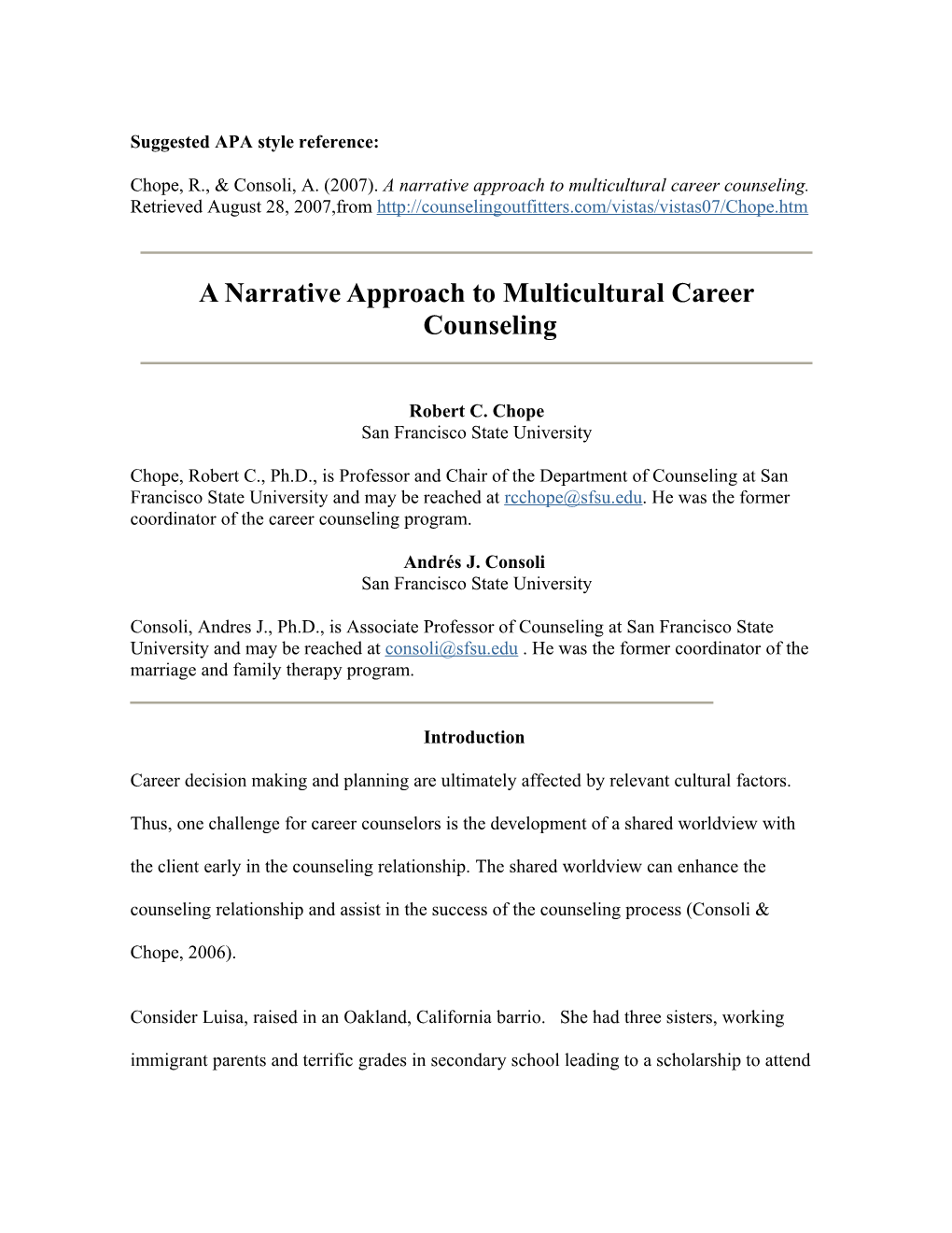 A Narrative Approach to Multicultural Career Counseling