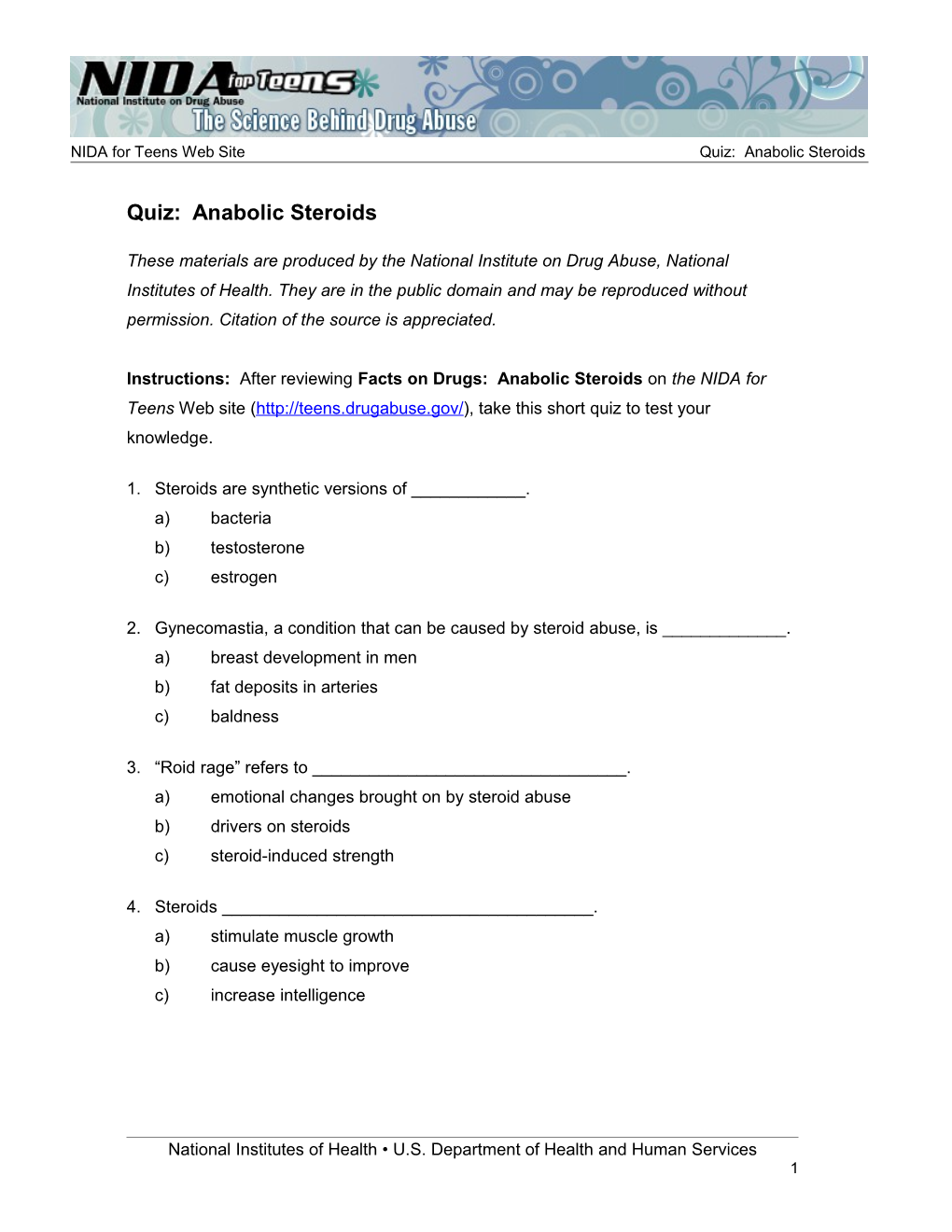 NIDA for Teens, Anabolic Steroids Quiz