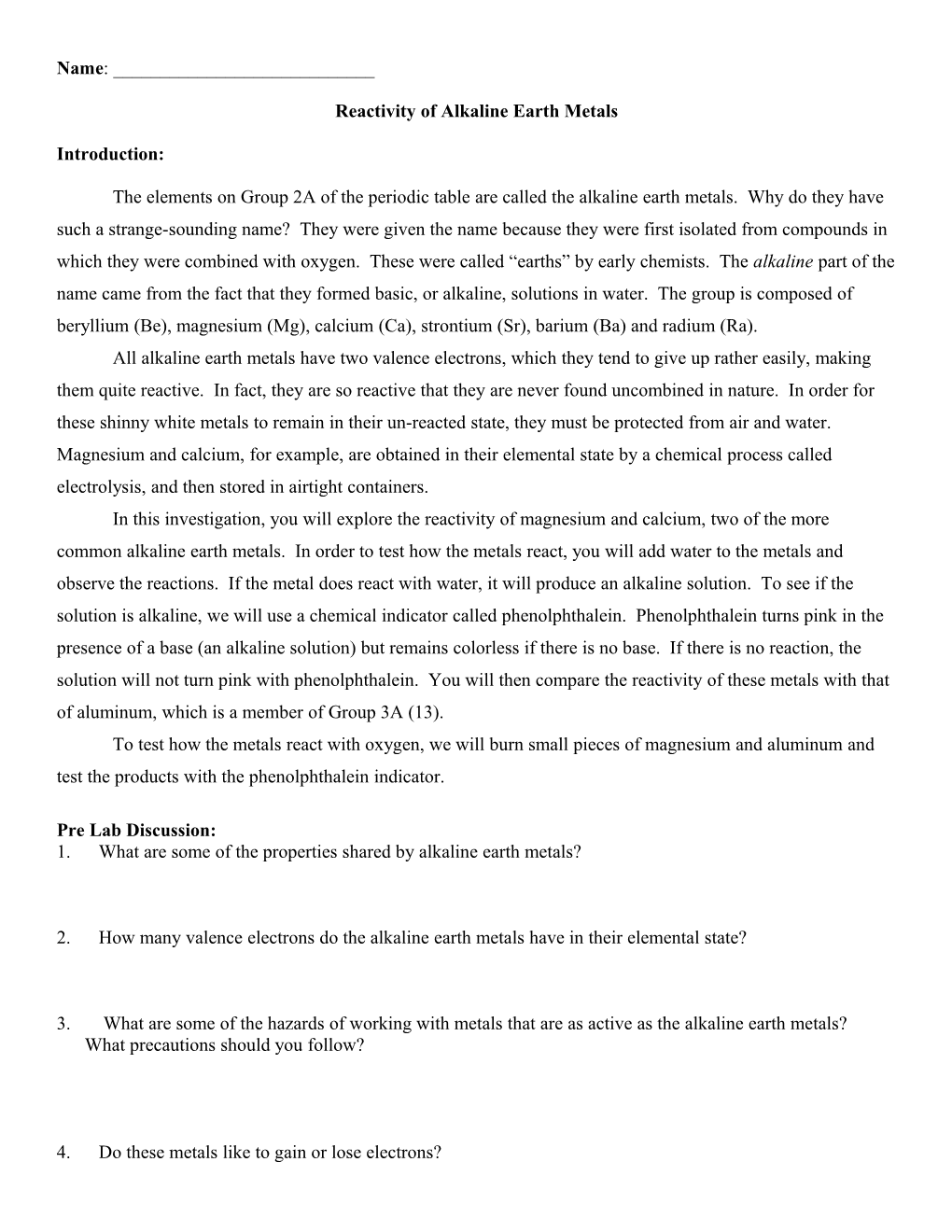 Reactivity of Alkaline Earth Metals