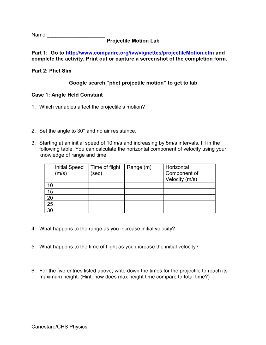 Google Search Phet Projectile Motion to Get to Lab