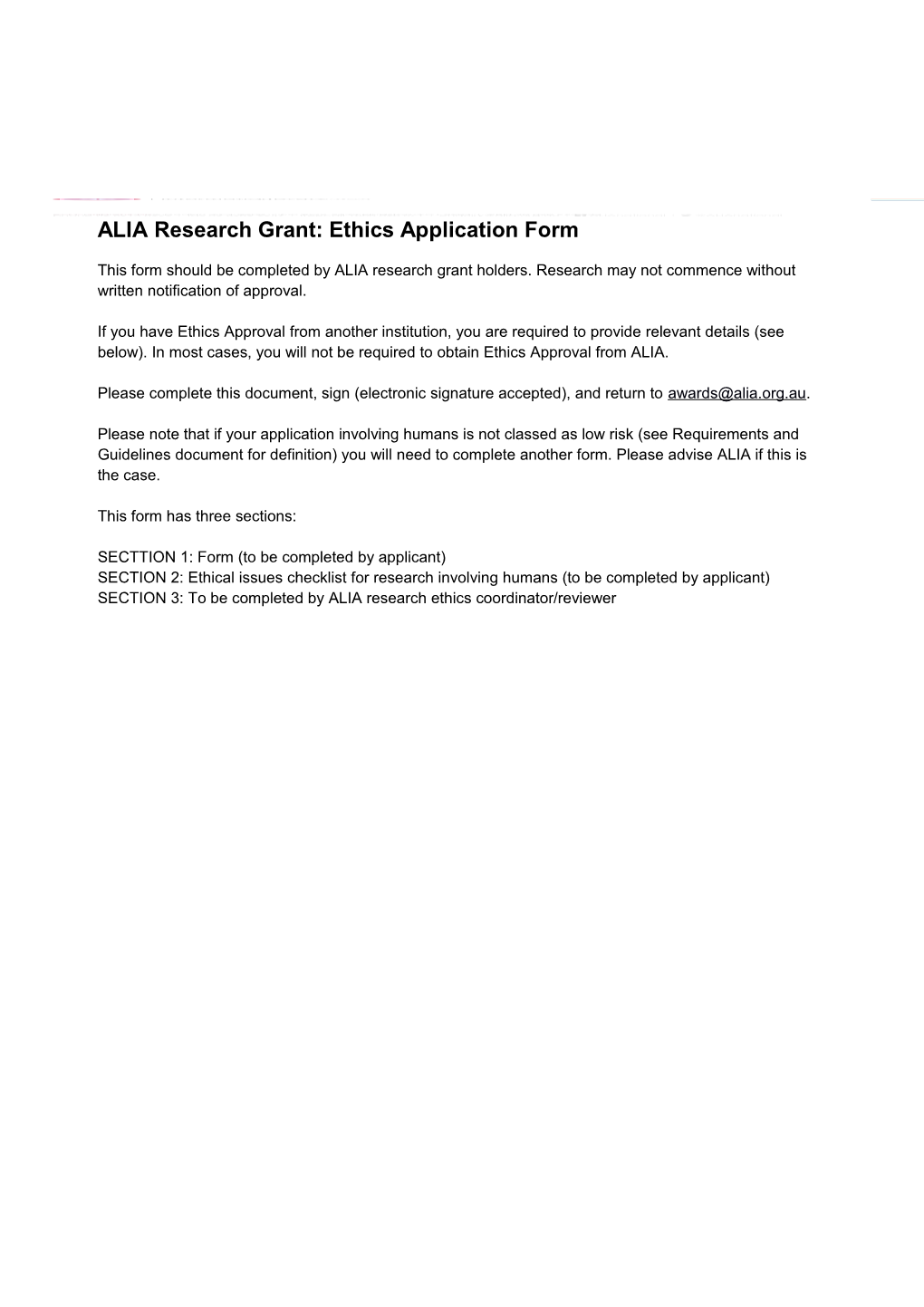 ALIA Research Grant: Ethics Application Form