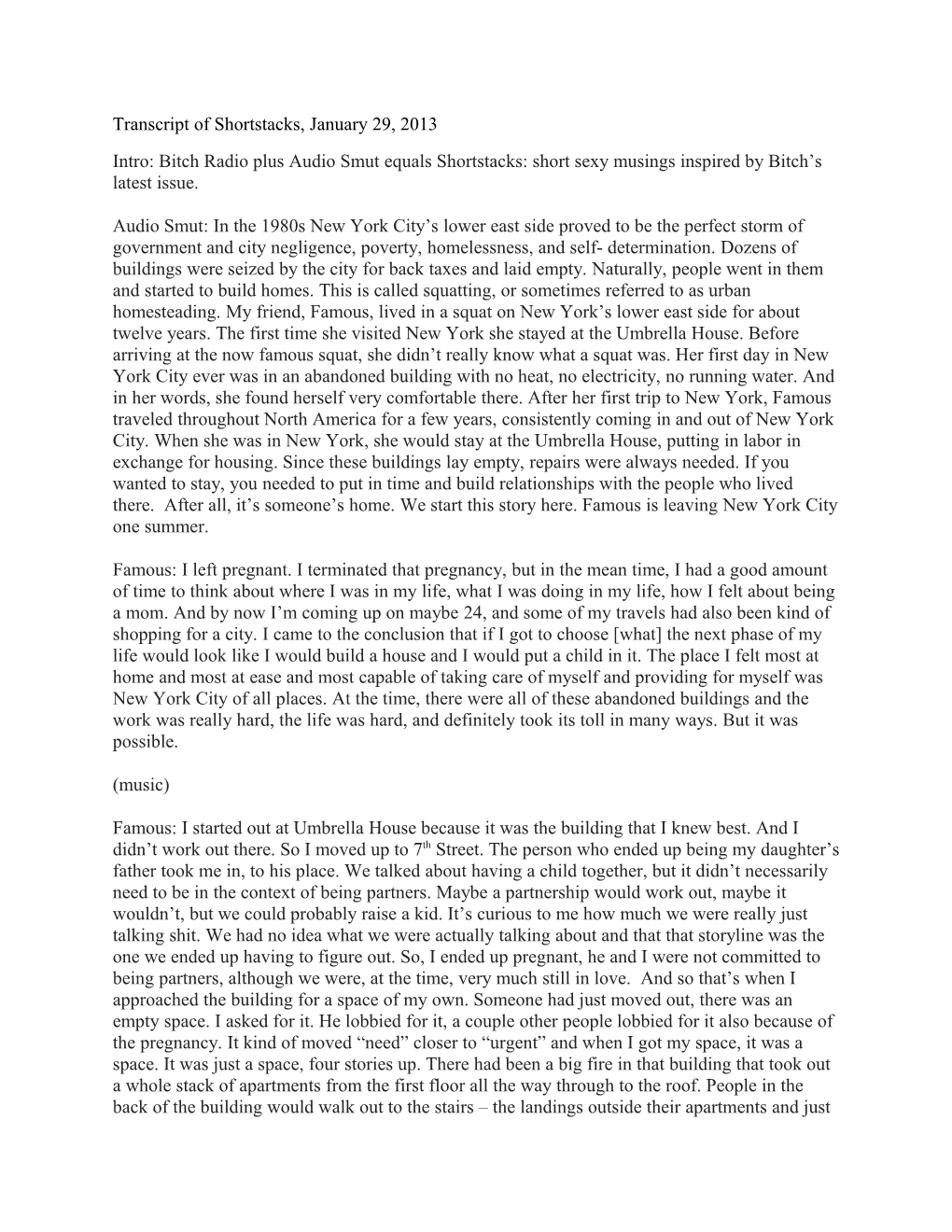 Transcript of Shortstacks, January 29, 2013