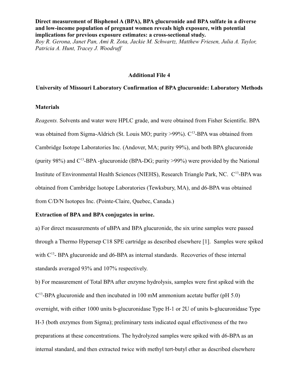 University of Missouri Laboratory Confirmation of BPA Glucuronide: Laboratory Methods