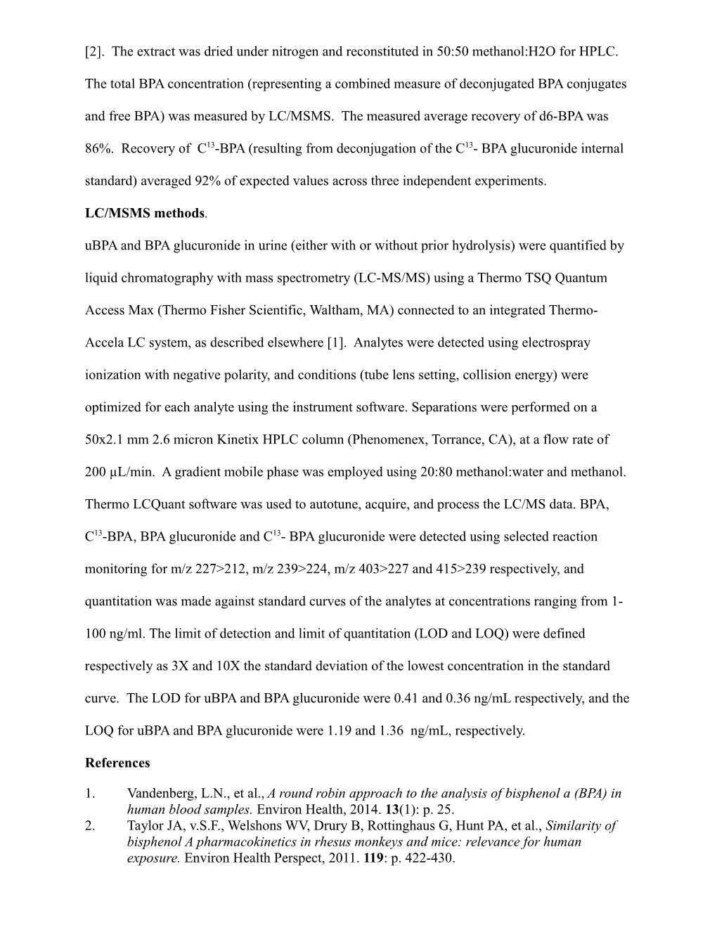 University of Missouri Laboratory Confirmation of BPA Glucuronide: Laboratory Methods